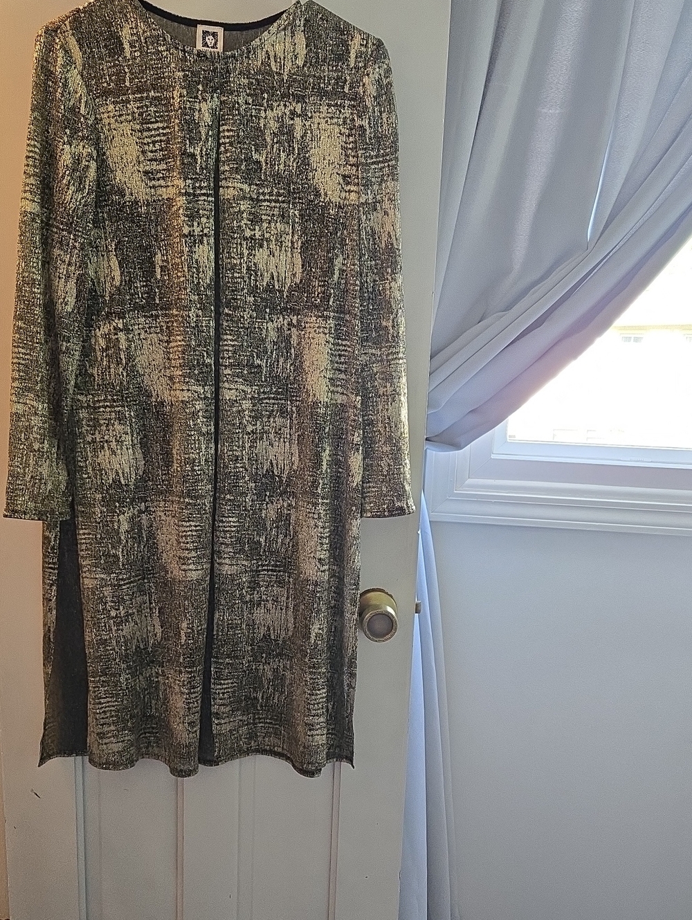 Anne Klein Olive and Black Long Sleeve Textured Knit Shift Dress